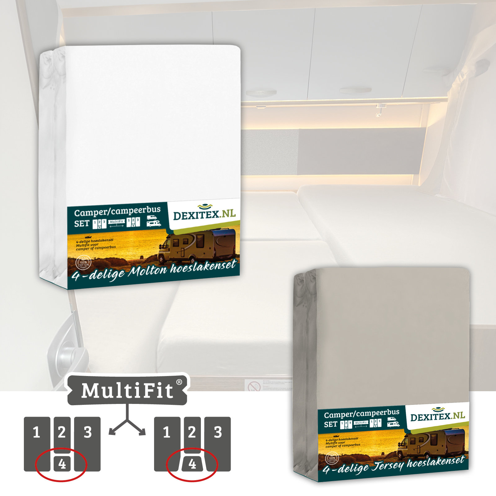 Textilset 4-teilig mit Mittelmatratze - 1 Spannbettlaken-Set (4 Stück) und 1 moltonSet (4 Stück)