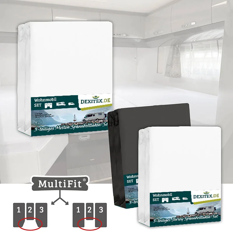 Textilpaket Camper-Heckbetten mit Mittelmatratze - 2 Spannbettlaken-Sets (3 Stück) und 1 Moltenset (3 Stück)